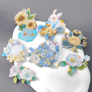Broderad stryklapp med djur och blommor, applikationsdekaler med trädgårdsmotiv för barnkläder/väskor