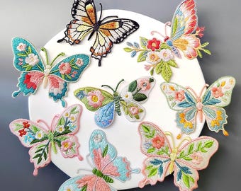 Butterflies and Flowers Embroidered Iron-On Patches, Insect Appliques