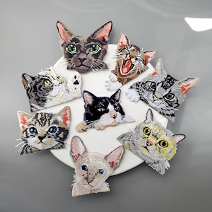 Realistic Tabby Cat Head Iron-On Patches–Embroidered Kitty Face Appliques for Jeans Repair and Pocket Decor