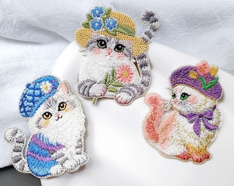 Embroidered Cat Stick-on Patches,Kitten and Flower Clothing Self-Adhesive Applique, Sew Decoration, Laptop/Phone Stickers