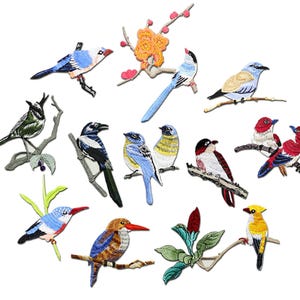 May include: A set of 13 embroidered iron-on patches featuring various colourful birds. The patches are perfect for adding a touch of nature to clothing, bags, or other fabric items.