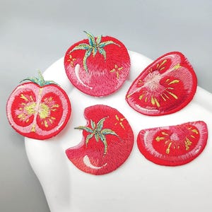 Red Tomatoes Embroidered Iron-On Patches, Whole and Cut tomatoes Pattern