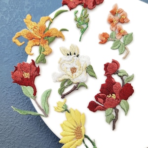 Parche bordado de flor pequeña, aplique termoadhesivo floral amarillo-naranja, camelia roja, granada, tridente, vid