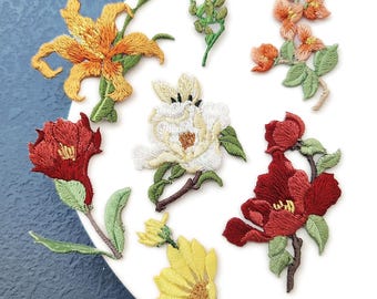 Embroidered Small Flower Patch,Yellow Orange Floral Iron-On Applique,Red Camellia Pomegranate Trident Vine
