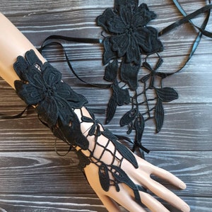 Black lace  gloves with tapes, flower bracelet, wedding gloves, gothic gloves