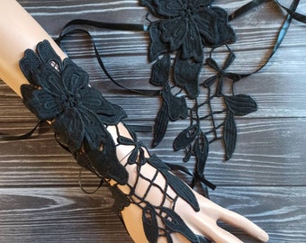 Schwarze Spitzenhandschuhe mit Bändern, Blumenarmband, Hochzeitshandschuhe, Gothikhandschuhe