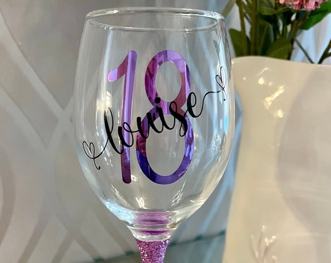 Personalised Glitter Wine Glass, Birthday Gift, Custom Name & Age