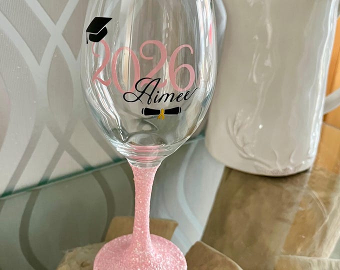 Personalised Graduation Glittered Glass | Custom Name and Year | Glitter Stem & Base | Graduation Gift | Prosecco, Wine, Gin