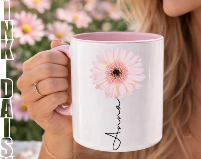 Personalised Daisy Mug Gift Bag | Best Friend Gift, gift for her, Custom Name, Eco-Linen Tote, birthday gift, Pink Daisy design