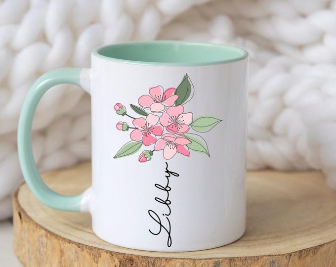 Personalised Pink flower Mug & Gift Bag: Beautiful Design,Best Friend Gift, gift for her, Custom Name, Eco-Linen Tote, birthday gift
