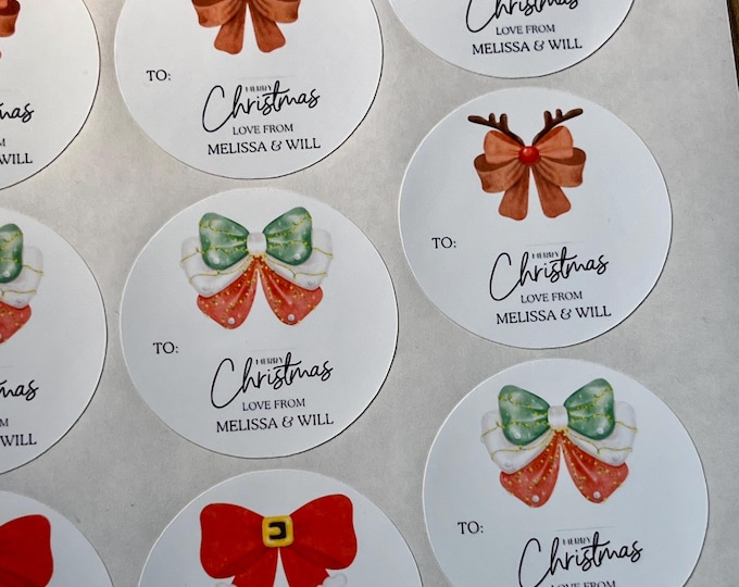Personalized Christmas Gift Tag Stickers: Bow Design, Holiday Seals (21 per sheet)
