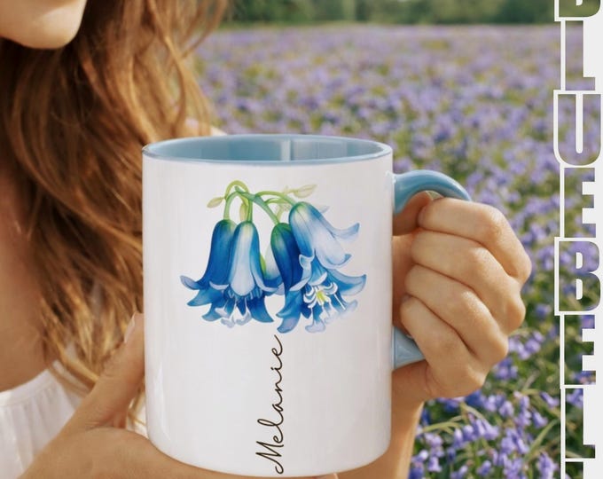 Personalised Bluebell Flower Mug & optional Linen Gift Bag: Best Friend Gift, Gift for Her, Custom Name Floral Gift