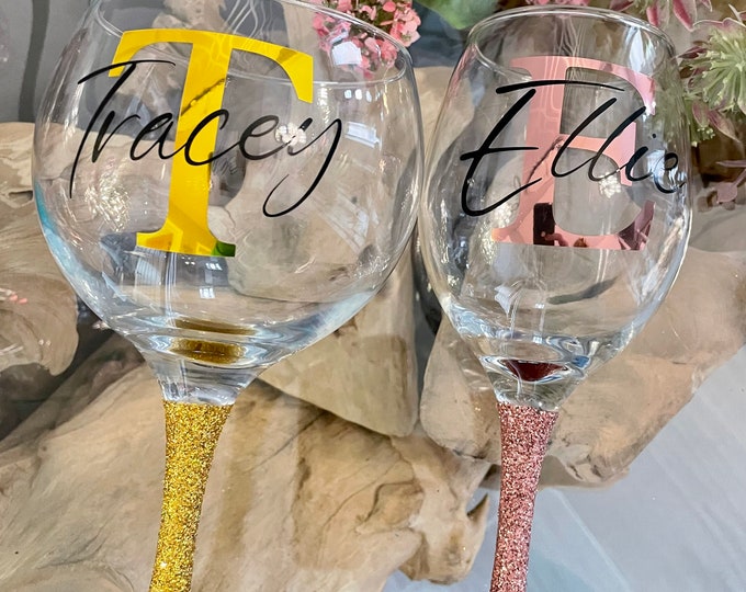 Personalised Glitter Monogram Glass: Stocking filler, secret Santa, Christmas gift, 18th Birthday, 21st Birthday, gift for her