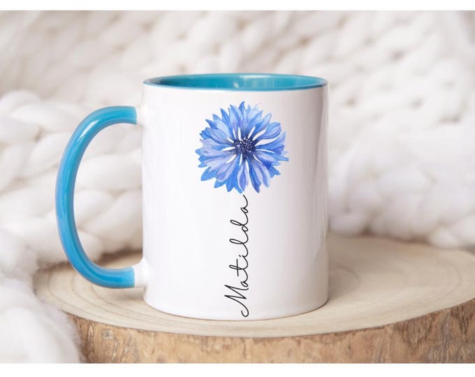 Personalised Blue Flower Mug Linen Gift Bag | Gift for her, Best Friend Gift, Custom Name, Blue Floral Gift