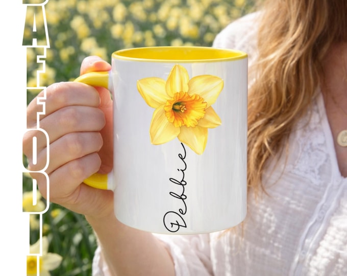 Personalised daffodil Mug & Gift Bag, Best Friend Gift, Yellow flower, Eco Linen Tote, Gift for Her, Birthday, Yellow Daffodil Gift,