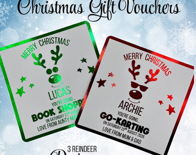 Personalised Christmas gift voucher, reindeer gift voucher, Christmas voucher and gift card, voucher & envelope, foiled gift card