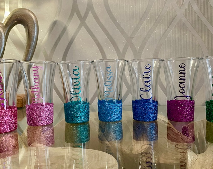 Personalised Glitter Shot Glass: Stocking filler, Party gift, 18th Birthday, him, her, 30th, hen party, Stag,