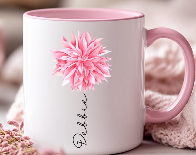 Personalised Pink flower Mug Gift Bag | Beautiful Design, Best Friend Gift, gift for her, Custom Name, Eco-Linen Tote, birthday gift