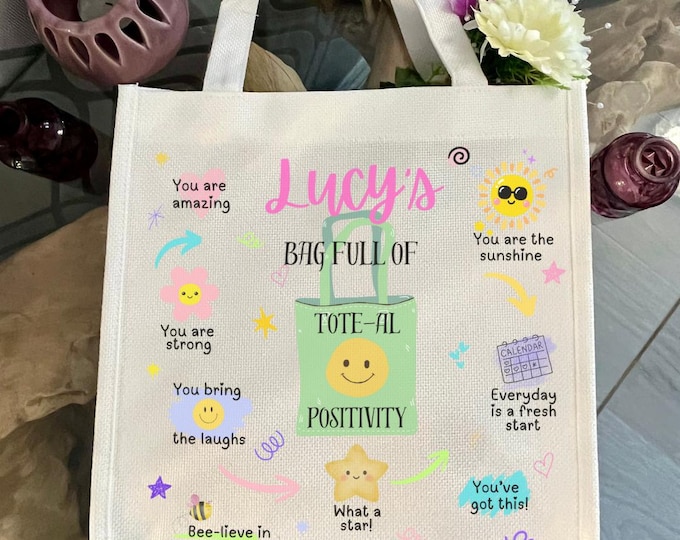 Personalised positive tote bag with custom name, white linen affirmation bag, uplifting messages. Perfect gift for kids, teens & teachers
