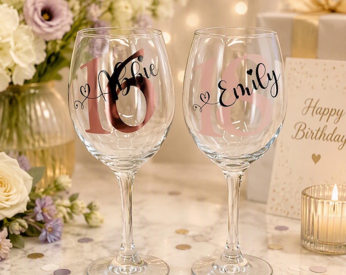 Personalised Wine Glass | Custom Name & Age Birthday Gift | 18th 21st 30th 40th 50th | 37 Colours | Gift Wrapped