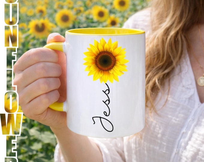 Personalised Sunflower Mug & Gift Bag, Best Friend Gift, Yellow Gift, Eco Linen Tote, Gift for Her, Birthday, Cheerful Gift,