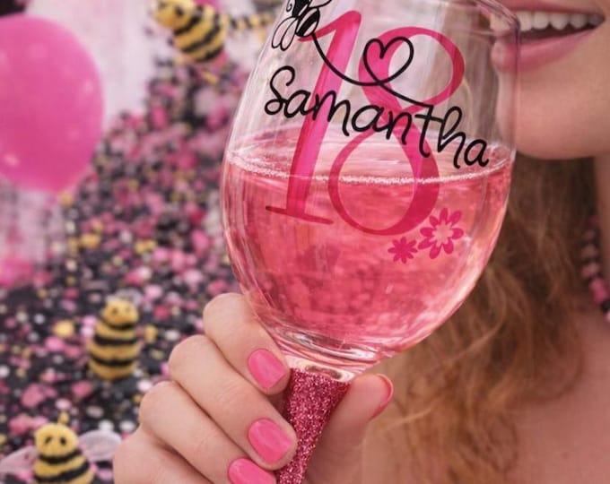 Personalised Glitter Wine Glass: Bumble Bee Birthday Gift