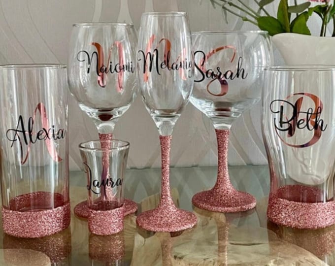 Personalised Monogram glitter glass: Birthday gift for her, Stocking filler, Secret Santa, 18th, 21st, 30th, 40th, 50th, celebration