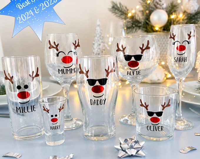 Personalised Reindeer Christmas Glass: Stocking filler, Secret Santa Gift, table decoration, him, her, teen