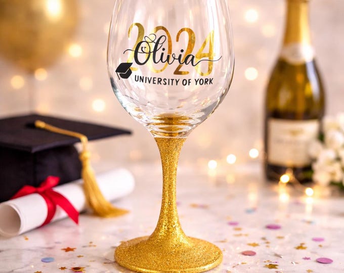 Personalised 2026 Graduation Glass | Custom Name, University, Year | 21 glitter colour options | Graduation Gift | Prosecco, Wine, Gin