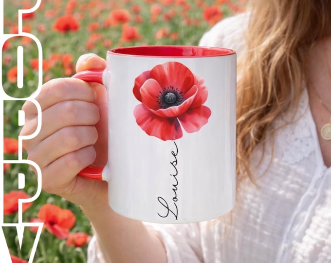 Personalised Red Poppy Mug & Gift Bag: Custom Floral Name Mug, Best Friend Gift, thank you, birthday for her, red accent coloured mug