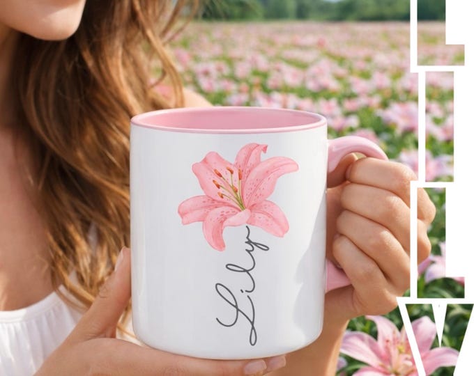 Personalised Pink Lily Mug Gift Bag | Beautiful Lily Design, Best Friend Gift, Pink gift for her, Custom Name, Linen Tote bag, birthday gift