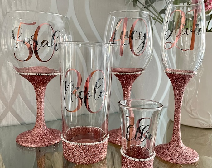 Personalised Diamante Glitter Glass: Birthday Gift for Her, 18th, 21st, 30th, 40th, 50th, 60th, 70th, custom name & age