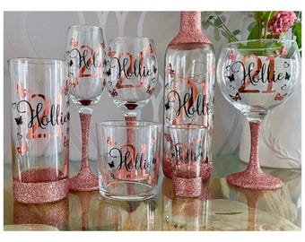 Personalised Handmade Glittered Milestone Birthday Glass: Butterfly Name & Age 16th, 18th, 21st , gift for her, 30th, 40th, 50th, 60th, 70th