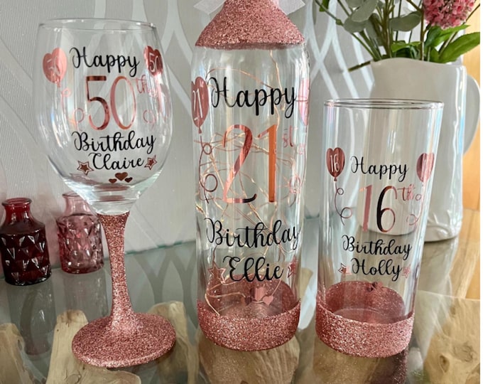 Personalised glitter birthday glass 18th Birthday 21st Birthday gift for her 30th Birthday 40th 50th lit bottle gin wine 16th Milestone
