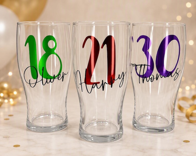 Personalised Pint Glass | Custom Name & Age Birthday Gift | 18th 21st 30th 40th 50th | 37 Colours | Free Delivery