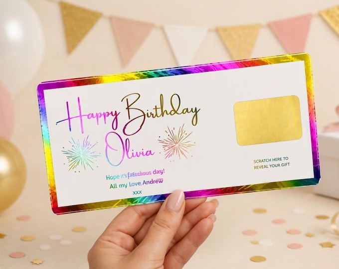 Personalised Birthday gift voucher, scratchcard reveals gift, scratch to reveal, Gift card