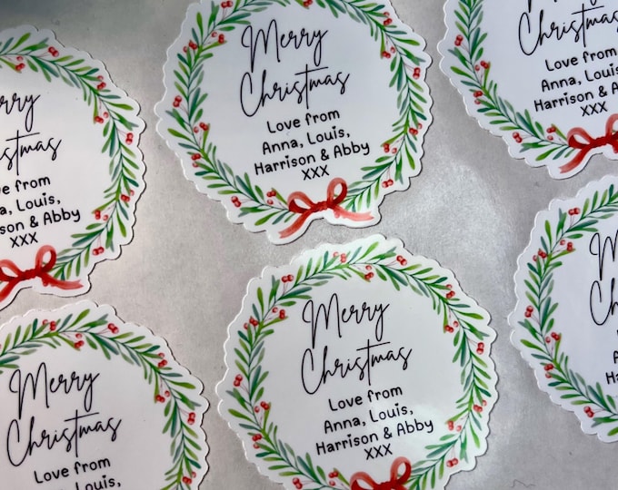 Personalized Christmas Wreath Stickers: Glossy Vinyl Gift Tags, Set of 21