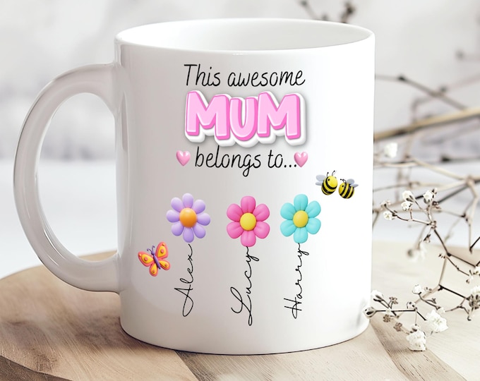 Personalised Mother’s Day Mug – Custom Mum Gift with Kids Names – “This Awesome Mum Belongs To”cup - Mother’s Day Present from Children
