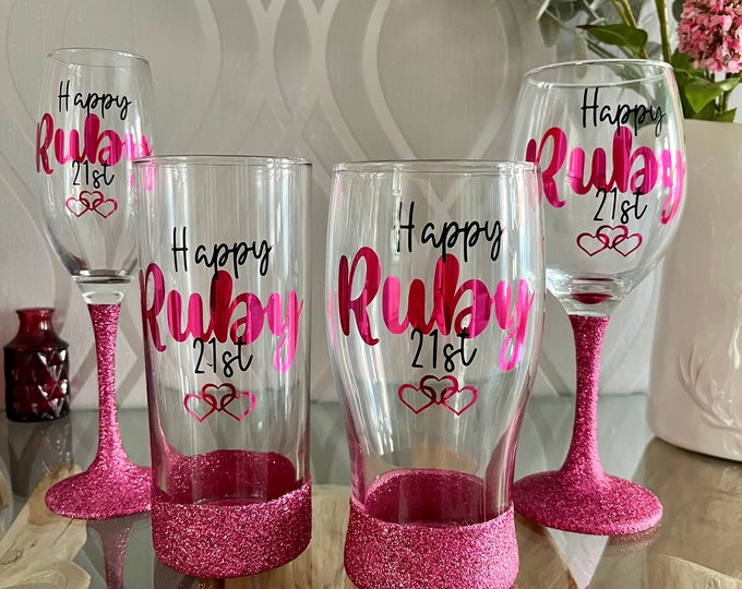 Personalised Glitter Birthday Glass: Custom Name & Age