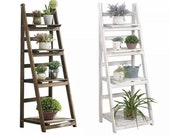 Rustic White Brown Wooden Flower Pot Plant Stand 4 Tier Display Rack Ladder Shelf Shelves Organizer Garden