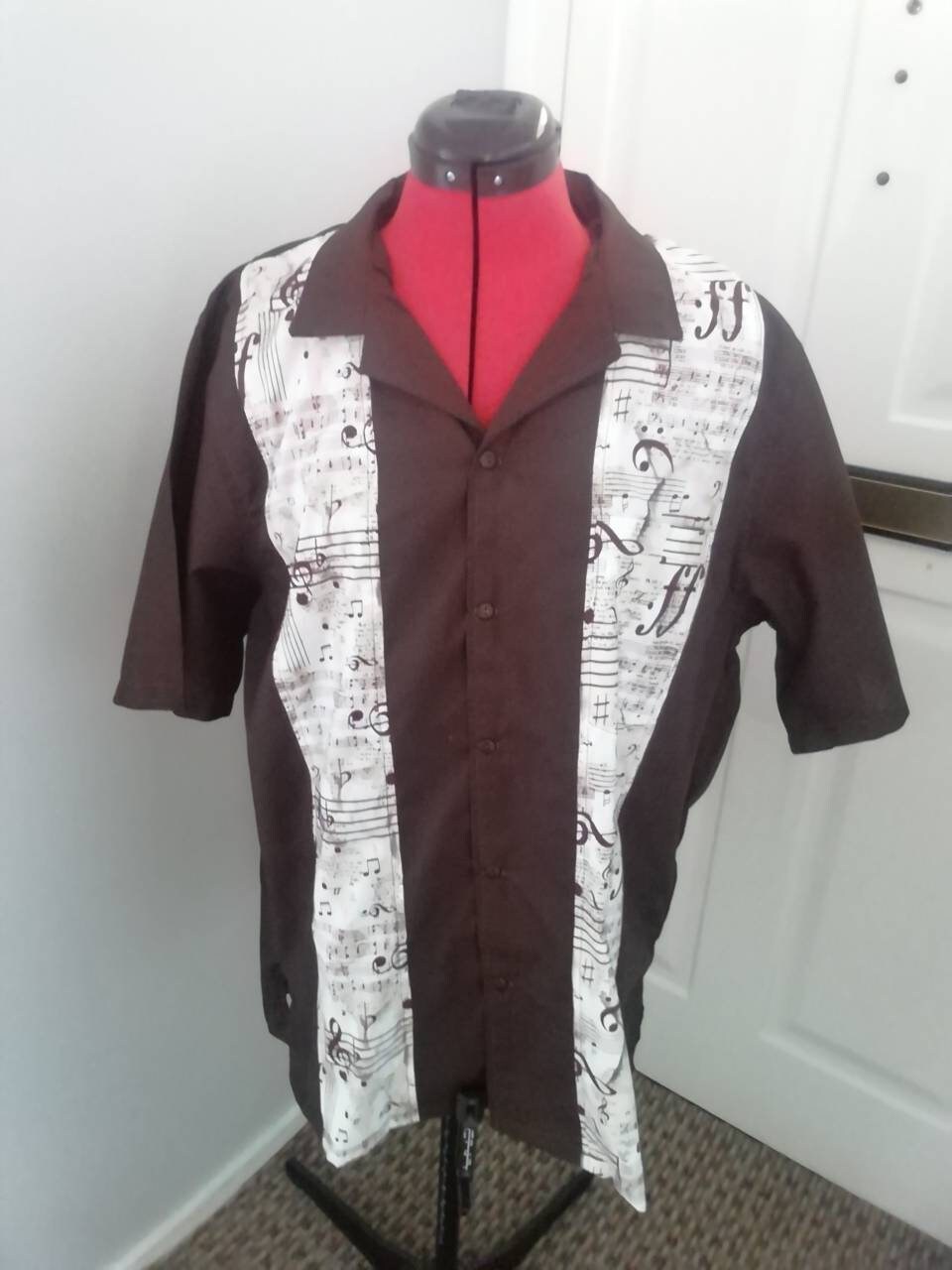 Dark Brown Men's Bowling Shirt With Musical Notes Etsy UK