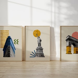 New York City Art Prints, Minimalist NYC Landmark Posters, Set of 3 Urban Decor, Flatiron Statue of Liberty Washington Square