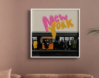Impression d'art rétro du métro de New York : affiche de voyage rose et jaune à New York (téléchargement numérique)