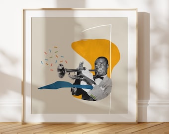 Louis Armstrong, vintage music poster, abstract geometric wall art, black and white photography, retro musician decor, modern jazz art