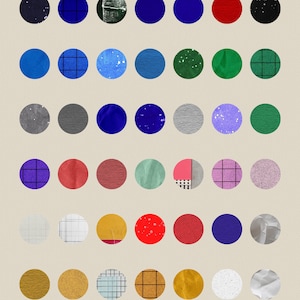May include: A grid of 40 colorful circles with different textures and patterns. The circles are arranged in 5 rows of 8 circles each. The colors include blue, red, green, gray, purple, pink, yellow, and white.