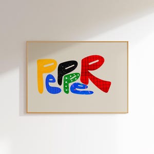 Pimenta, Arte de parede com nome personalizado, Tipografia colorida personalizada, Decoração de quarto infantil, Impressão de alfabeto moderno, Arte de berçário