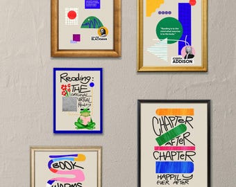 Bibliothek Wandkunst, Set von 5, Buchliebhaber Kunst, Leseecke Dekor, Bücherwurm Geschenk - Digital Download