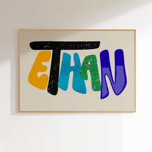 Ethan, póster personalizado con el nombre de Ethan, arte de letras texturizadas para la habitación de los niños, arte de pared personalizado para niños, decoración única para la habitación de un bebé