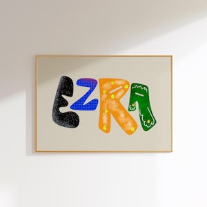 Ezra, Arte de parede com nome personalizado, Tipografia colorida personalizada, Decoração de quarto infantil, Impressão de alfabeto moderno, Arte de berçário