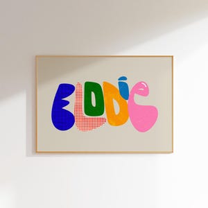 Elodie, Arte mural personalizado con nombre, Tipografía personalizada colorida, Decoración para habitación infantil, Impresión del alfabeto moderno, Arte infantil
